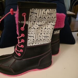NEW UGG BUTTE WATERPROOF LEATHER SHEARLING LINED ANKLE BOOTS BLACK PINK Size 3